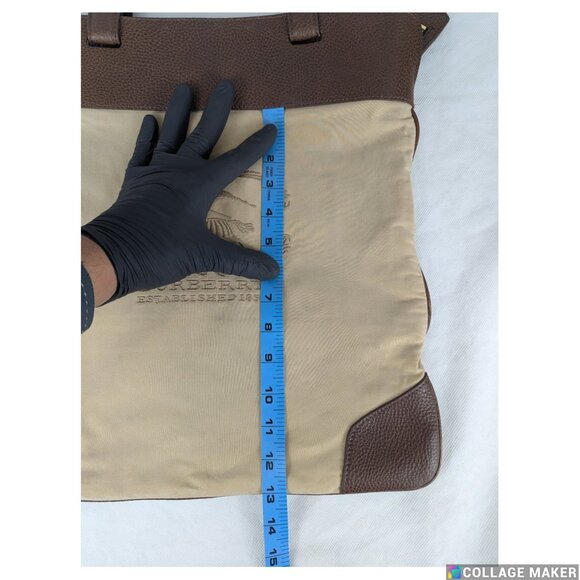 Authentic BURBERRY Beige Embroidered Tote Bag Brown Leather Canvas Logo Large - Picture 9 of 10